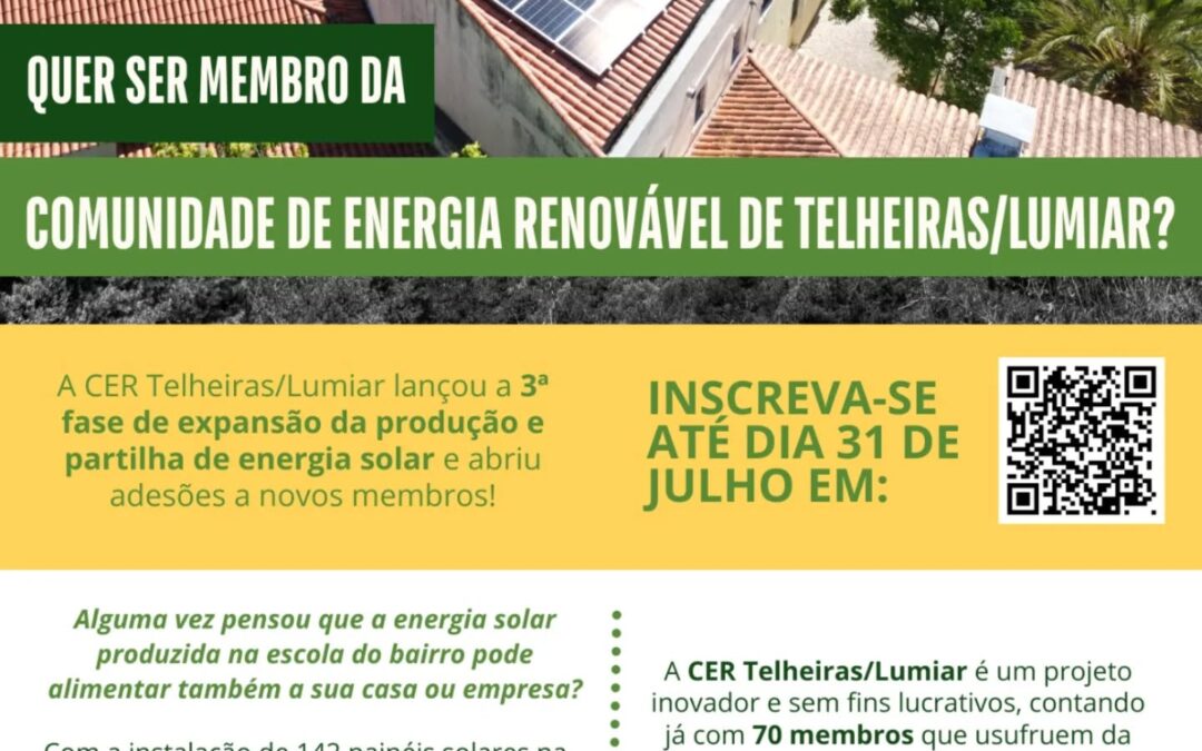 Estão abertas as inscrições para a 3.ª fase da Comunidade de Energia Renovável de Telheiras/Lumiar